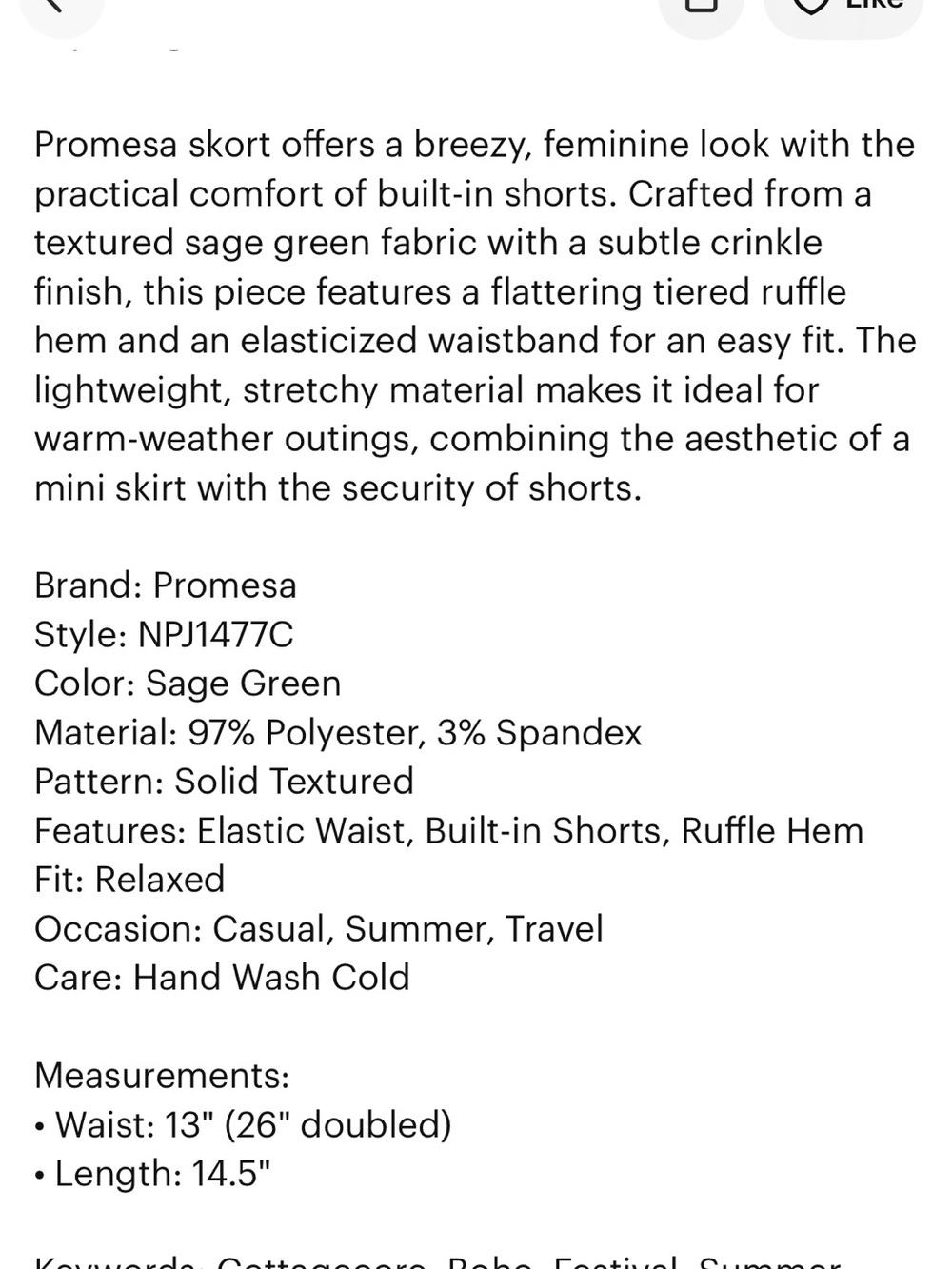 Promesa Green Mini Skirt Skort. Size S, M, L - Picture 5 of 5
